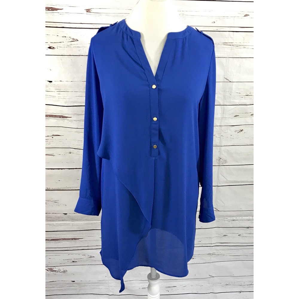 Chico's Top Women's Size S Blue Tunic Long Sleeve Button Up Asymmetrical